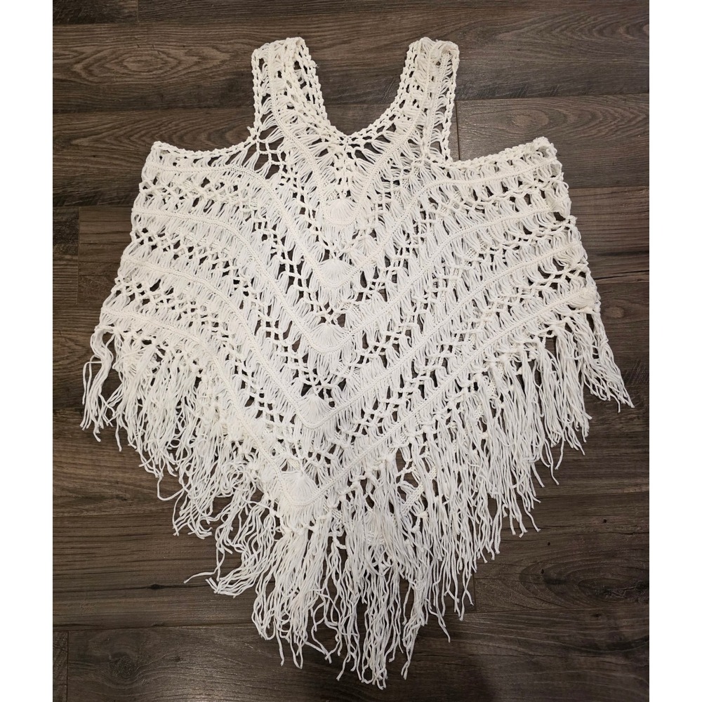 White Crochet Knit Fringed Poncho Top‎ Sleeveless V-Neck Boho Festival Coverup